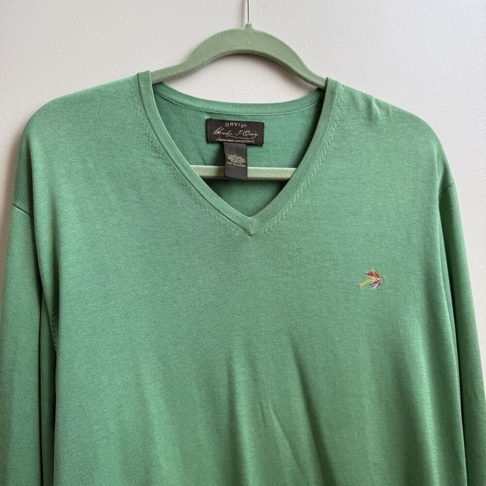 Orvis Signature Mens Large Sweater Green V Neck Pullover Outdoors Silk/cotton L